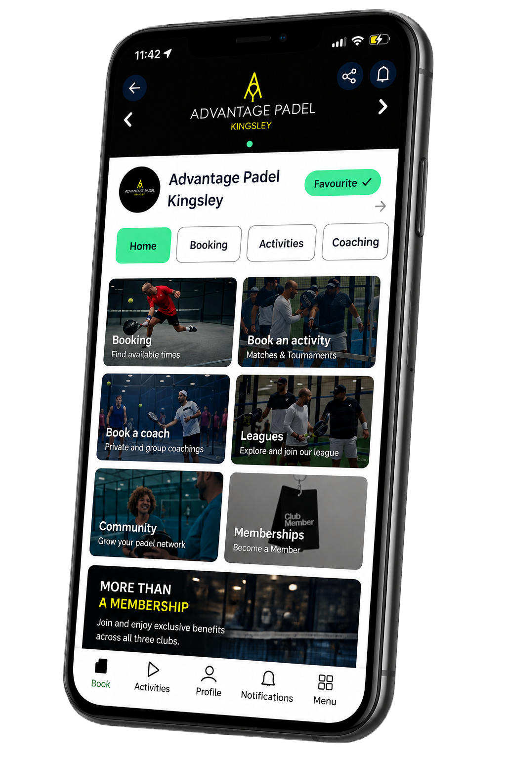 The Padel Mates app showing the Advantage Padel Kingsley club with booking, coaching, leagues and membership options